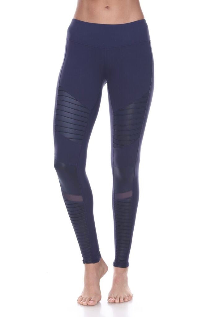 Navy blue, moto leggings with no front or back pockets. 68% cotton, 27%  polyester, and 5% spandex. Sold in packs of six - one small, two mediums,  two larges, one extra large.